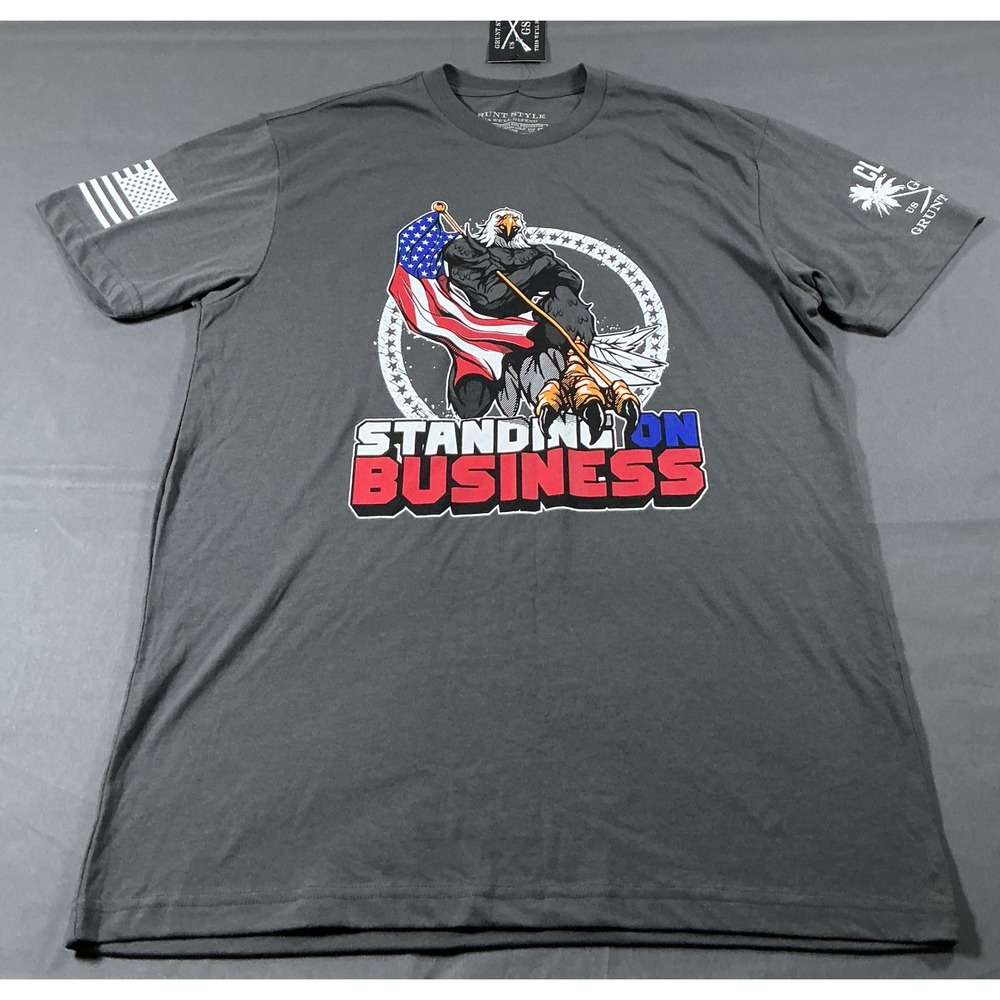 Grunt Style Standing On Business Eagle American Flag Graphic Tee Gray Mens L NWT